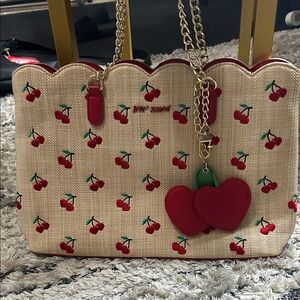 Betsey Johnson Cherry Straw Tote with Red Accents